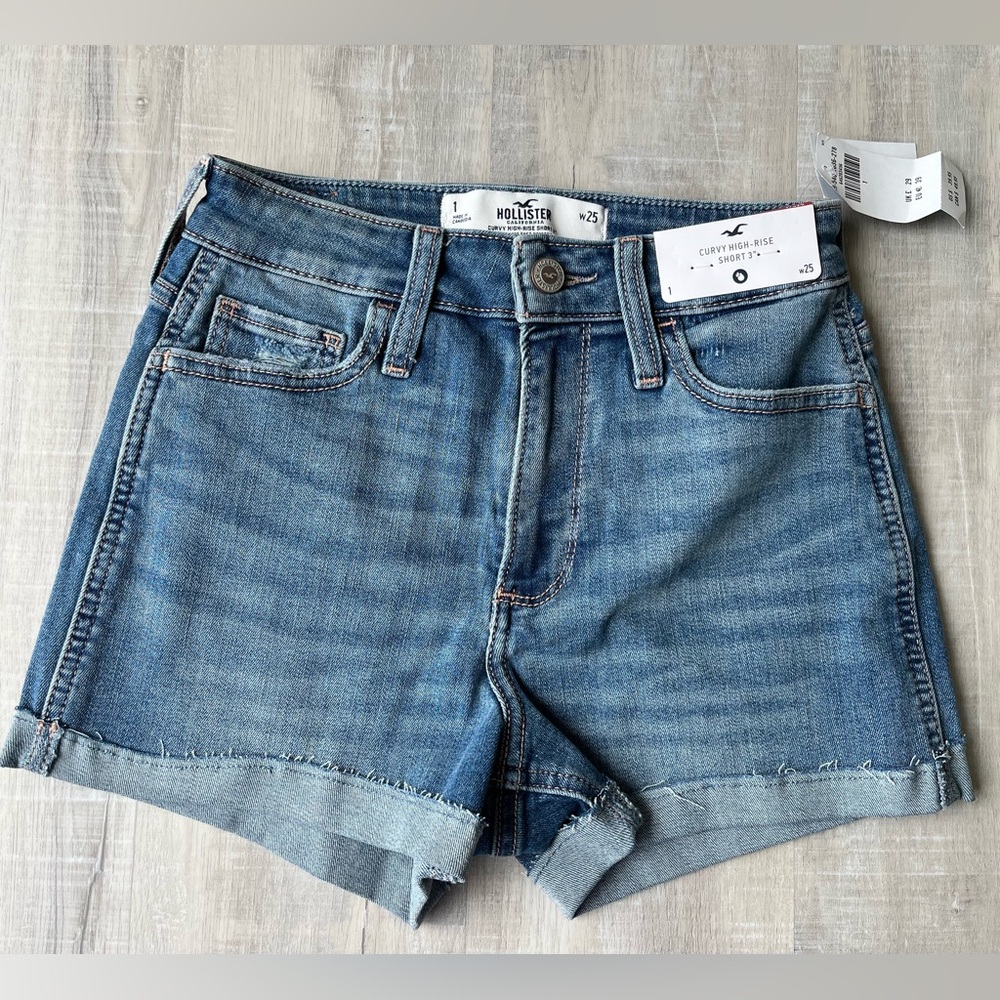 HOLLISTER Curvy High-Rise 3” Blue Denim Cuffed Soft Stretch Shorts Size 1/W25